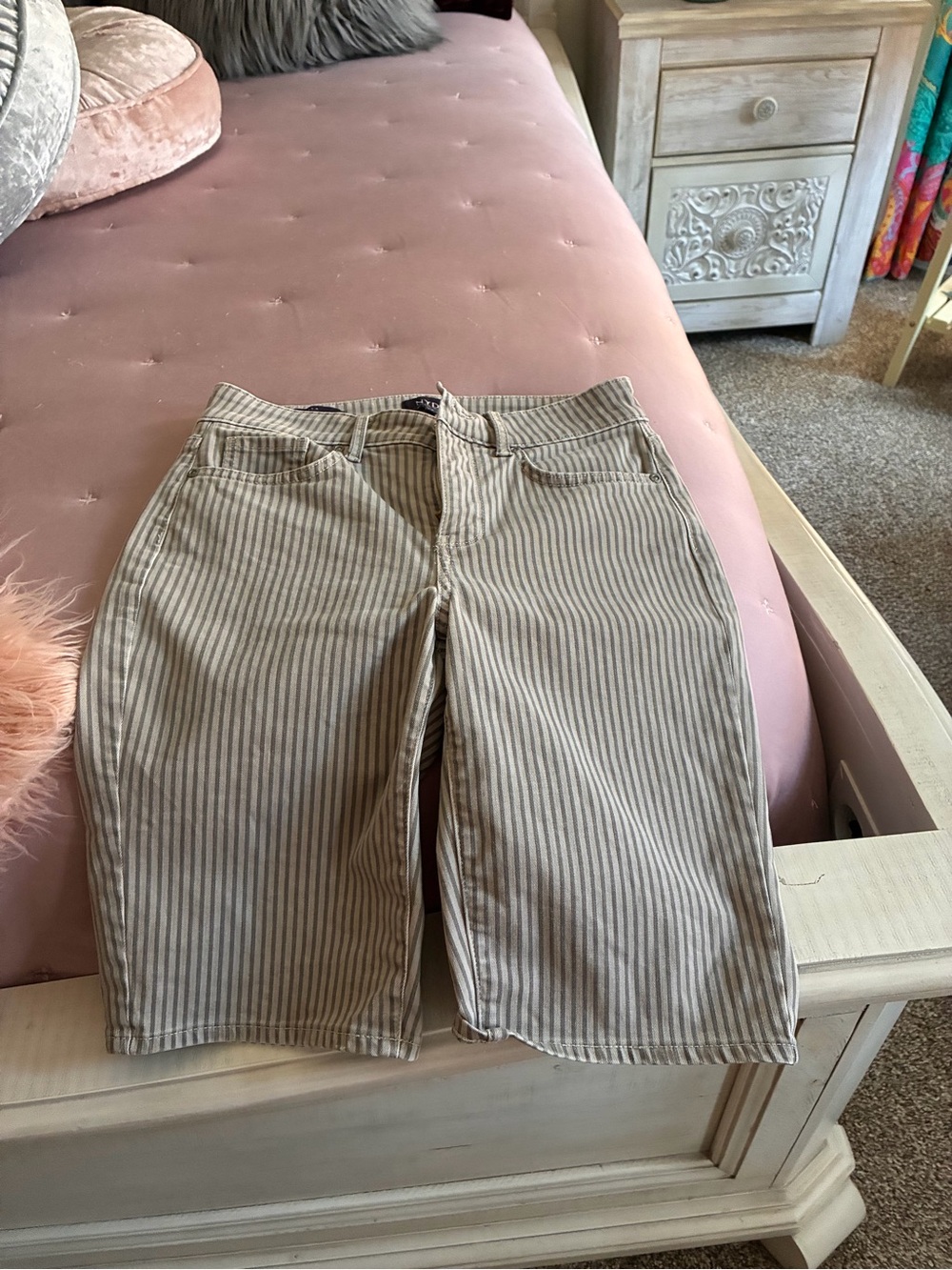 NYDJ Striped Bermuda Shorts in Beige and White